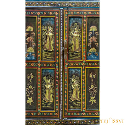 Antique Hand-Painted Wooden Indian Ethnic Cabinet, Vintage Wooden Sideboard - Rustic Charm for Your Home | Entryway Table | Storage Cupboard