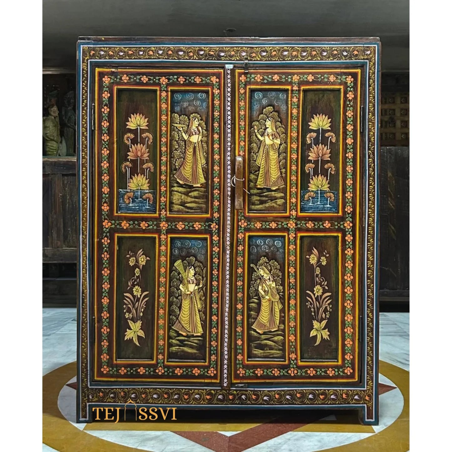 Antique Hand-Painted Wooden Indian Ethnic Cabinet, Vintage Wooden Sideboard - Rustic Charm for Your Home | Entryway Table | Storage Cupboard