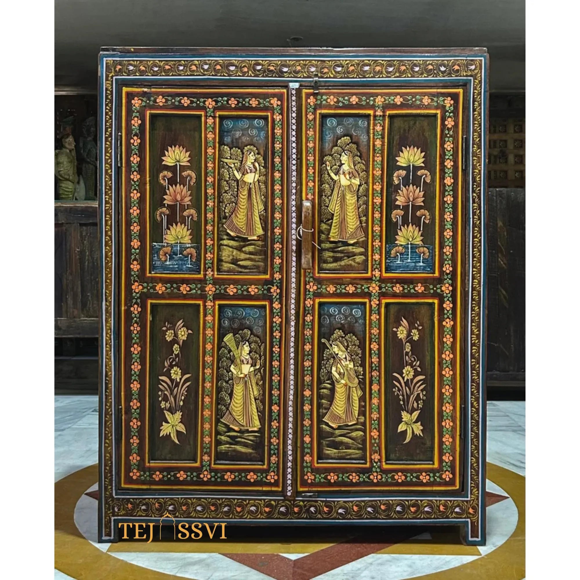 Antique Hand-Painted Wooden Indian Ethnic Cabinet  / Vintage Wooden Sideboard - Rustic Charm for Your Home | Entryway Table | Storage Cupboard.