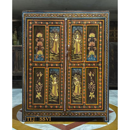 Antique Hand-Painted Wooden Indian Ethnic Cabinet, Vintage Wooden Sideboard - Rustic Charm for Your Home | Entryway Table | Storage Cupboard