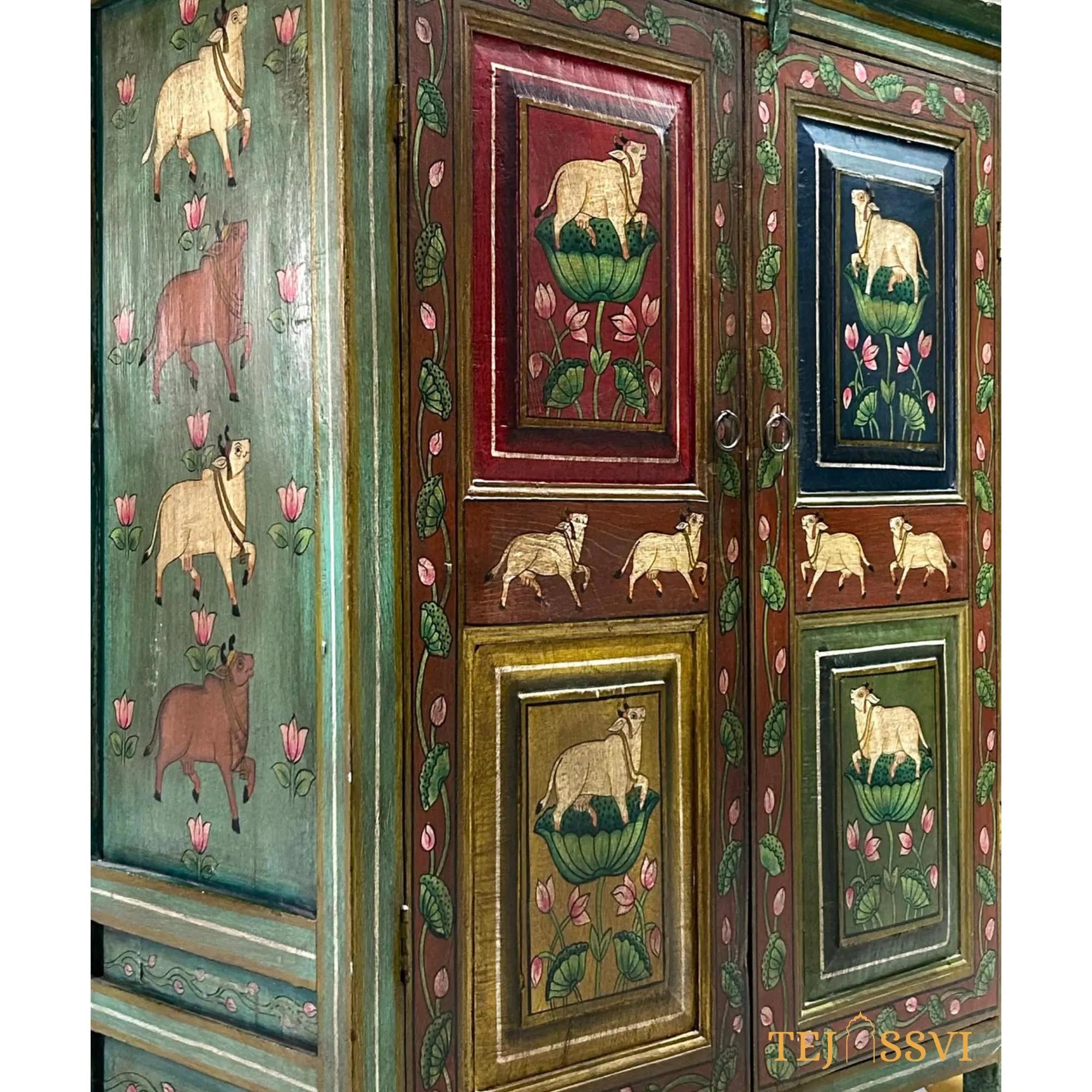 Antique Hand-Painted Indian Cabinet / Wooden Rustic Ethnic Sideboard / wooden Hand Painted Cabinet / Wooden Big Sideboards.