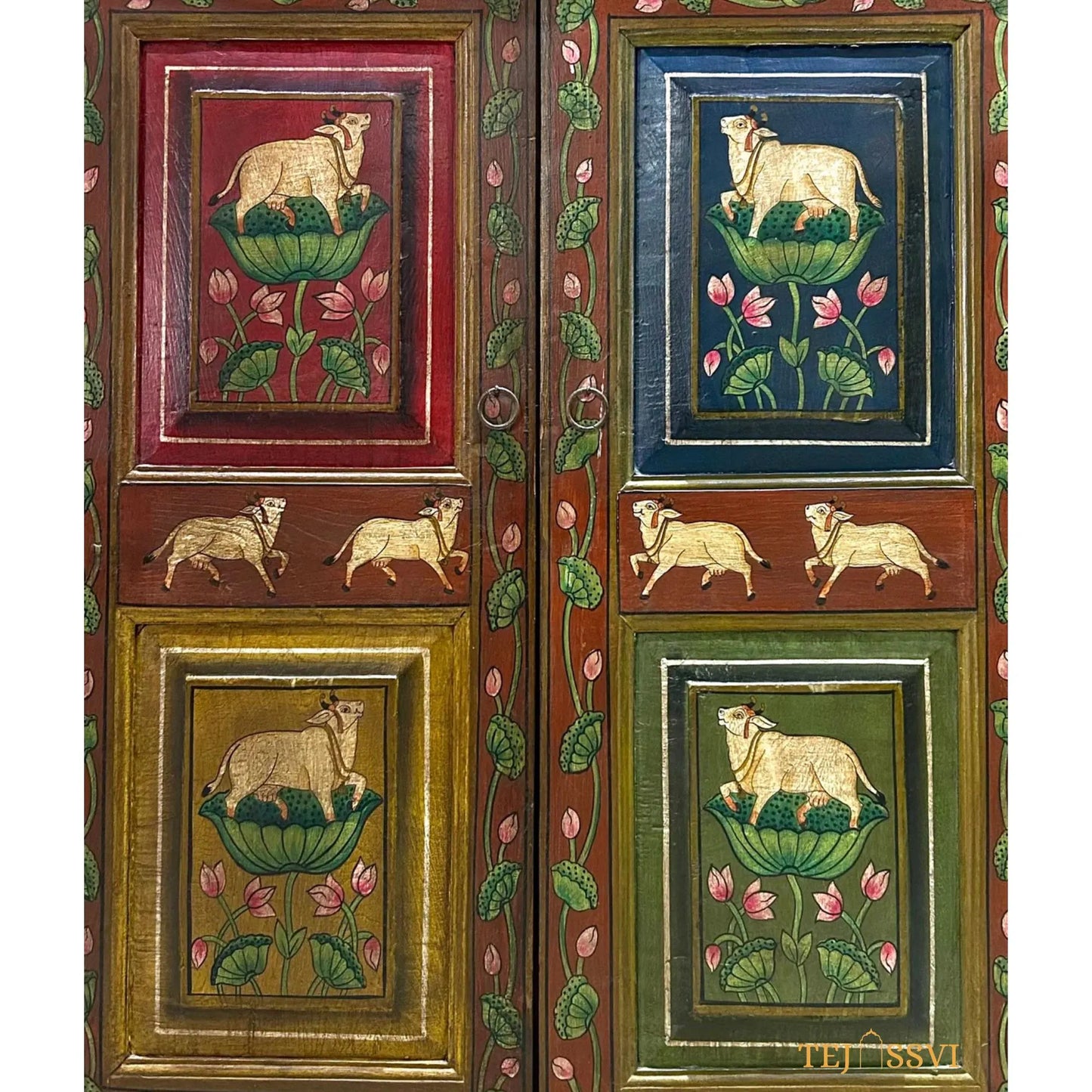 Antique Hand-Painted Indian Cabinet: Rustic Ethnic Sideboard