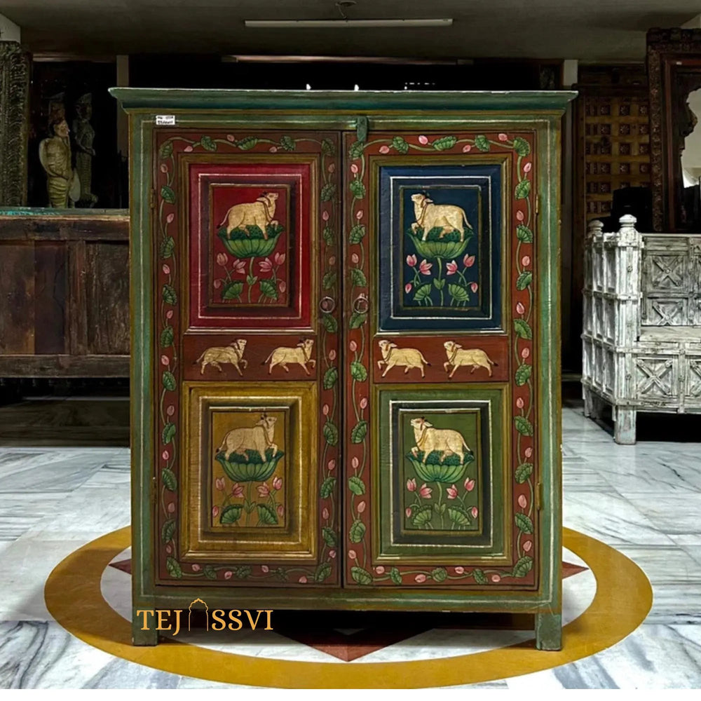 Antique Hand-Painted Indian Cabinet / Wooden Rustic Ethnic Sideboard / wooden Hand Painted Cabinet / Wooden Big Sideboards.