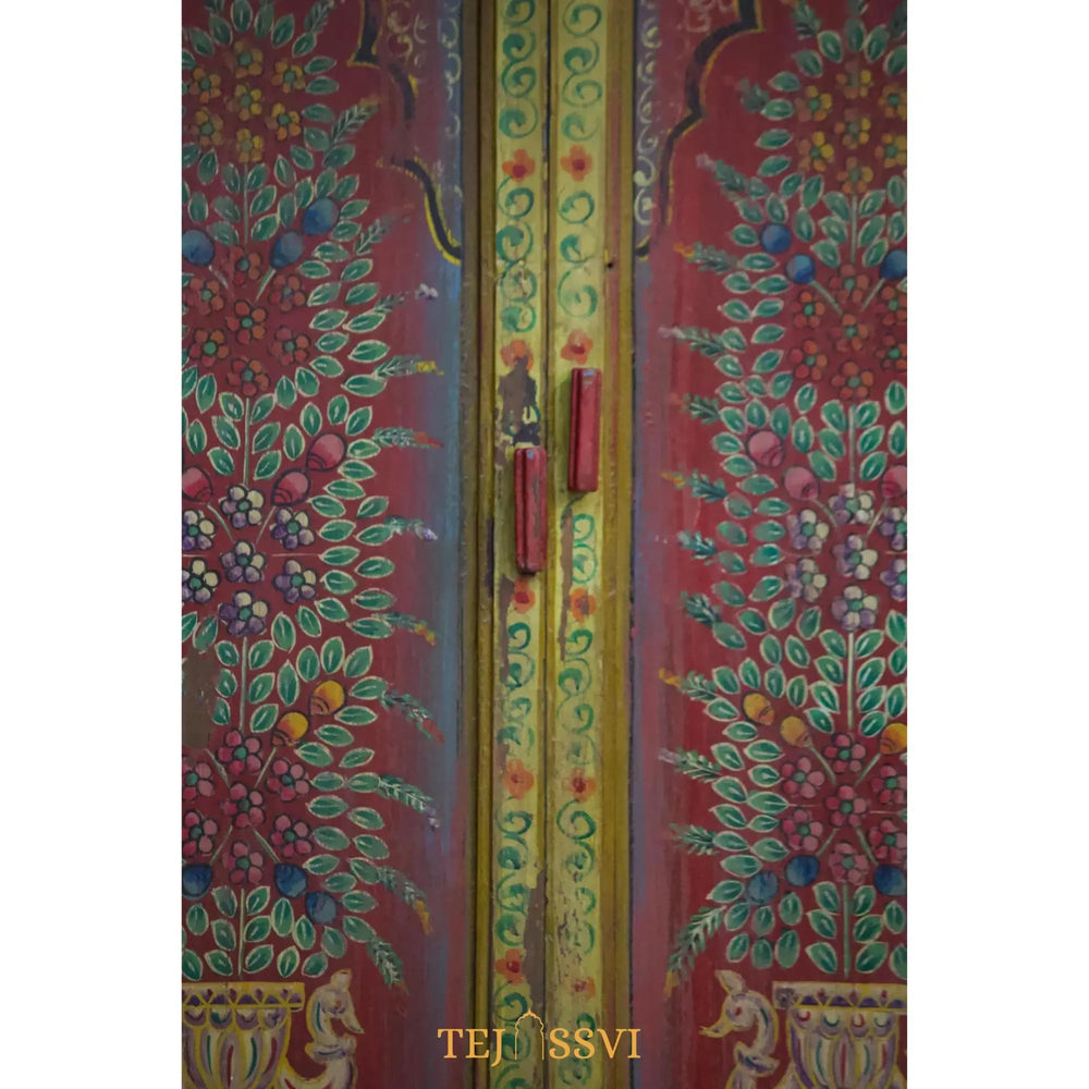 Hand-Painted Floral Cabinet Rustic Red Bohemian Storage Cupboard / Wooden side boards / Wooden Console / Hand Painted Sideboards .