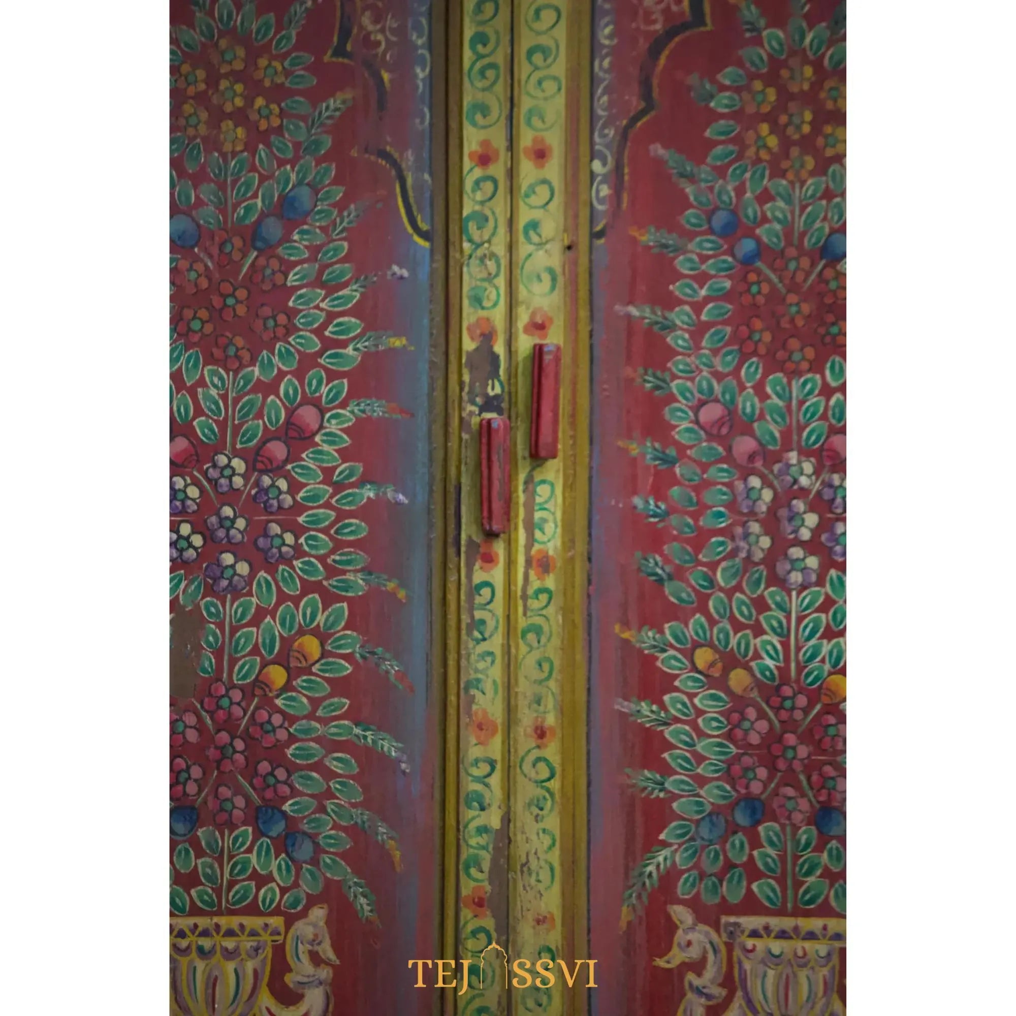 Hand-Painted Floral Cabinet Rustic Red Bohemian Storage Cupboard / Wooden side boards / Wooden Console / Hand Painted Sideboards .