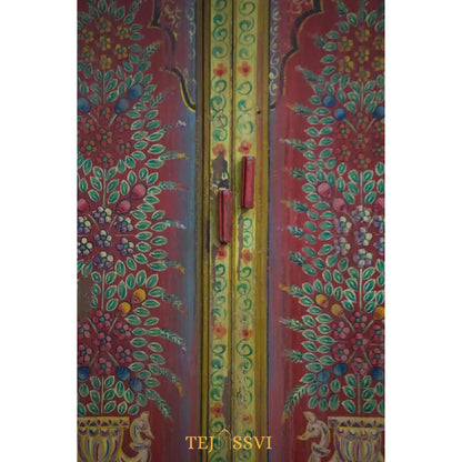Hand-Painted Floral Cabinet: Rustic Red Bohemian Storage Cupboard/Wooden side boards / wooden console / handpainted sideboards .