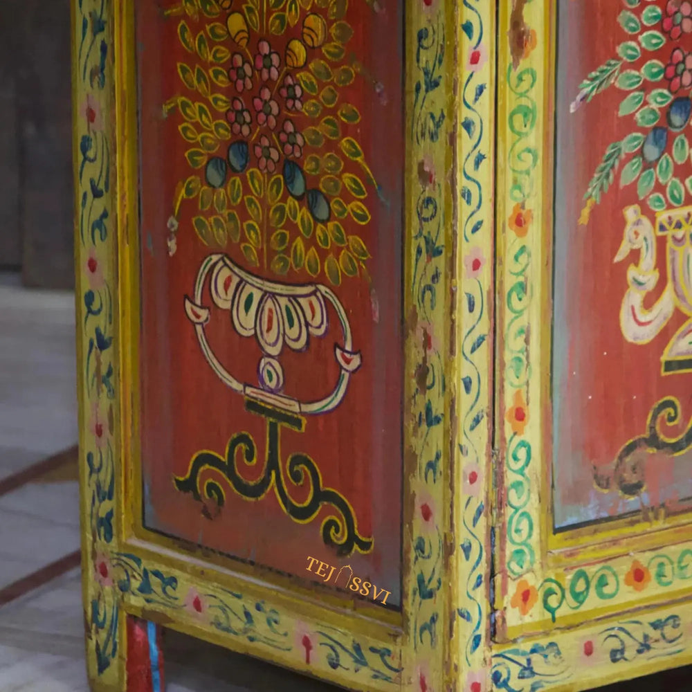 Hand-Painted Floral Cabinet Rustic Red Bohemian Storage Cupboard / Wooden side boards / Wooden Console / Hand Painted Sideboards .