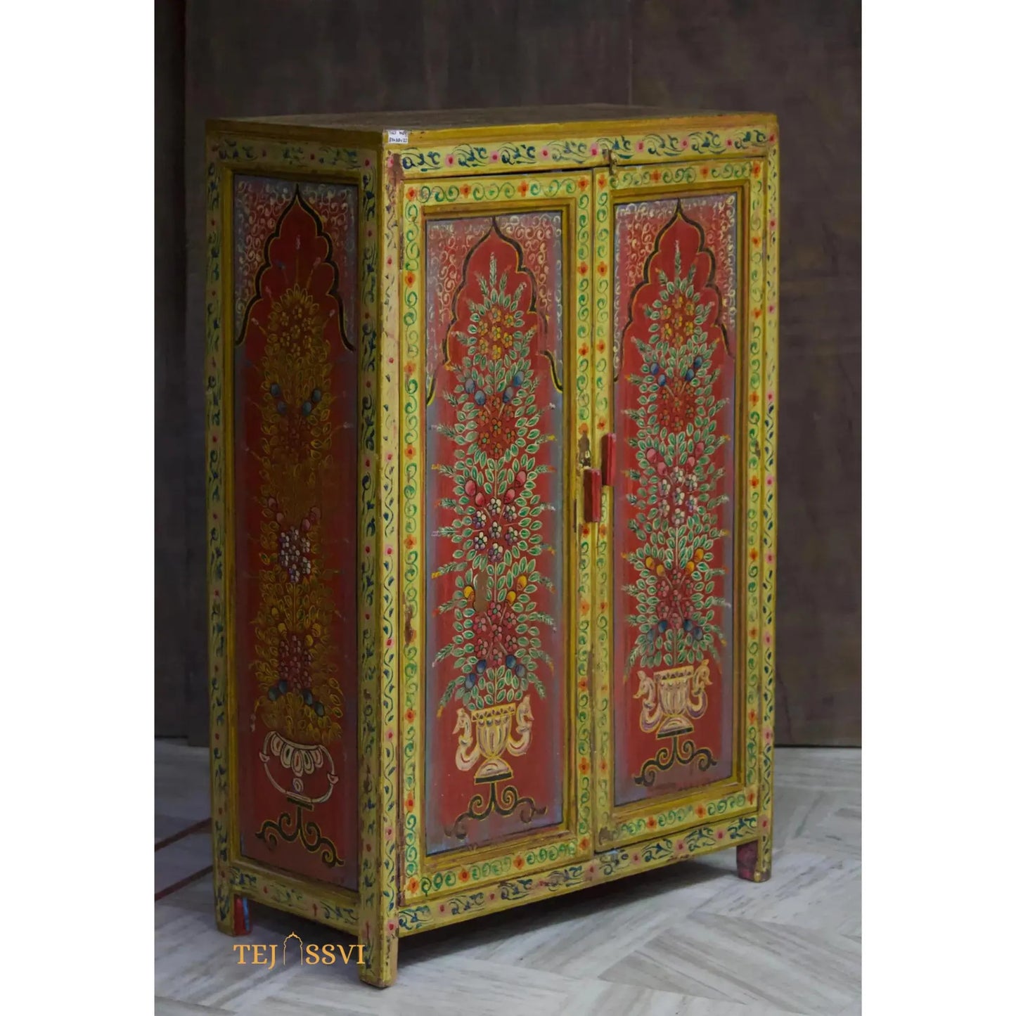 Hand-Painted Floral Cabinet: Rustic Red Bohemian Storage Cupboard/Wooden side boards / wooden console / handpainted sideboards .
