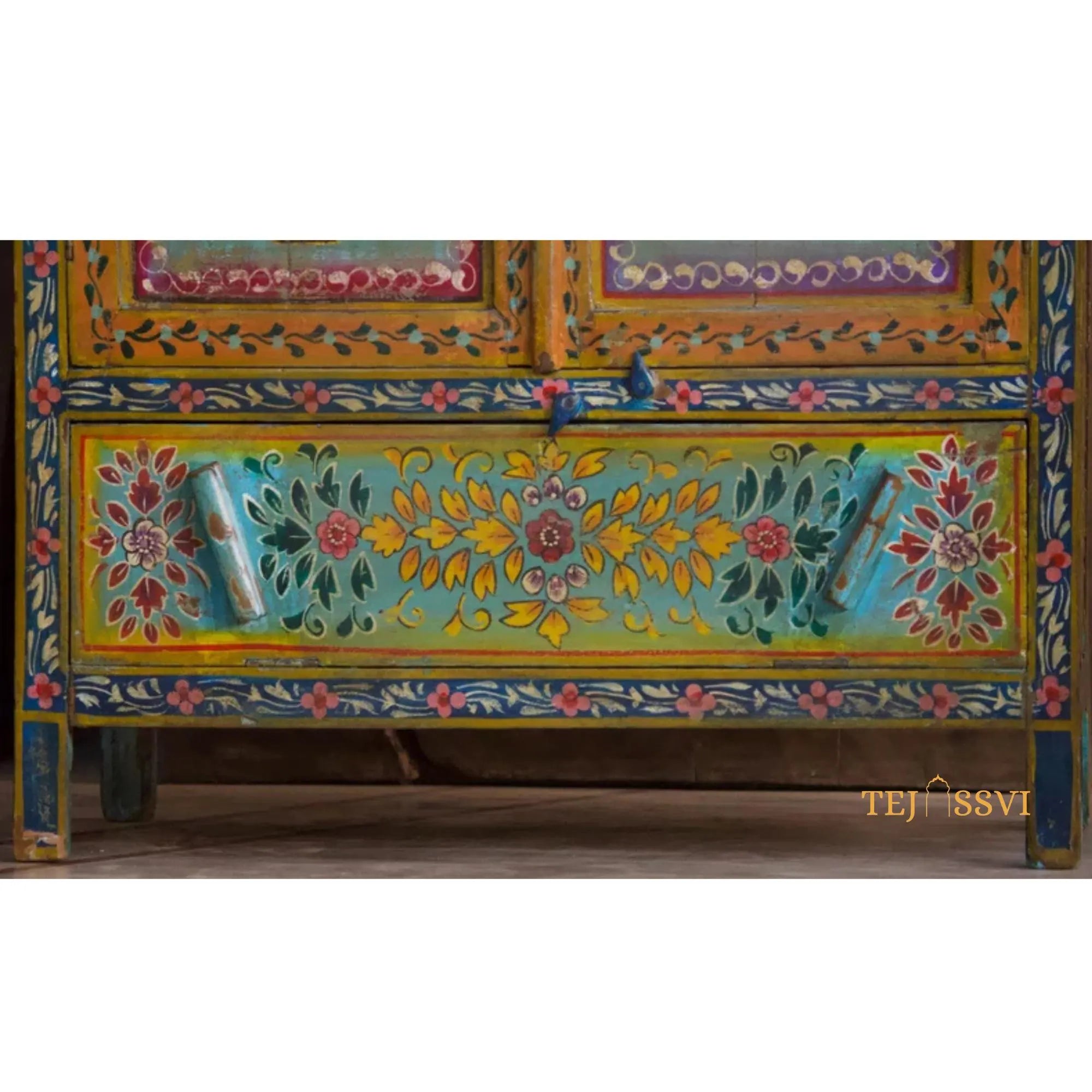 Wooden Hand Painted Sideboard for Living Room and Storage Unit for Home Décor