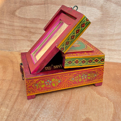 Antique Indian Shaving Box with Mirror: Reclaimed Wood & Brass / wooden hand painted saving box/ wooden box/ painting box with mirror .