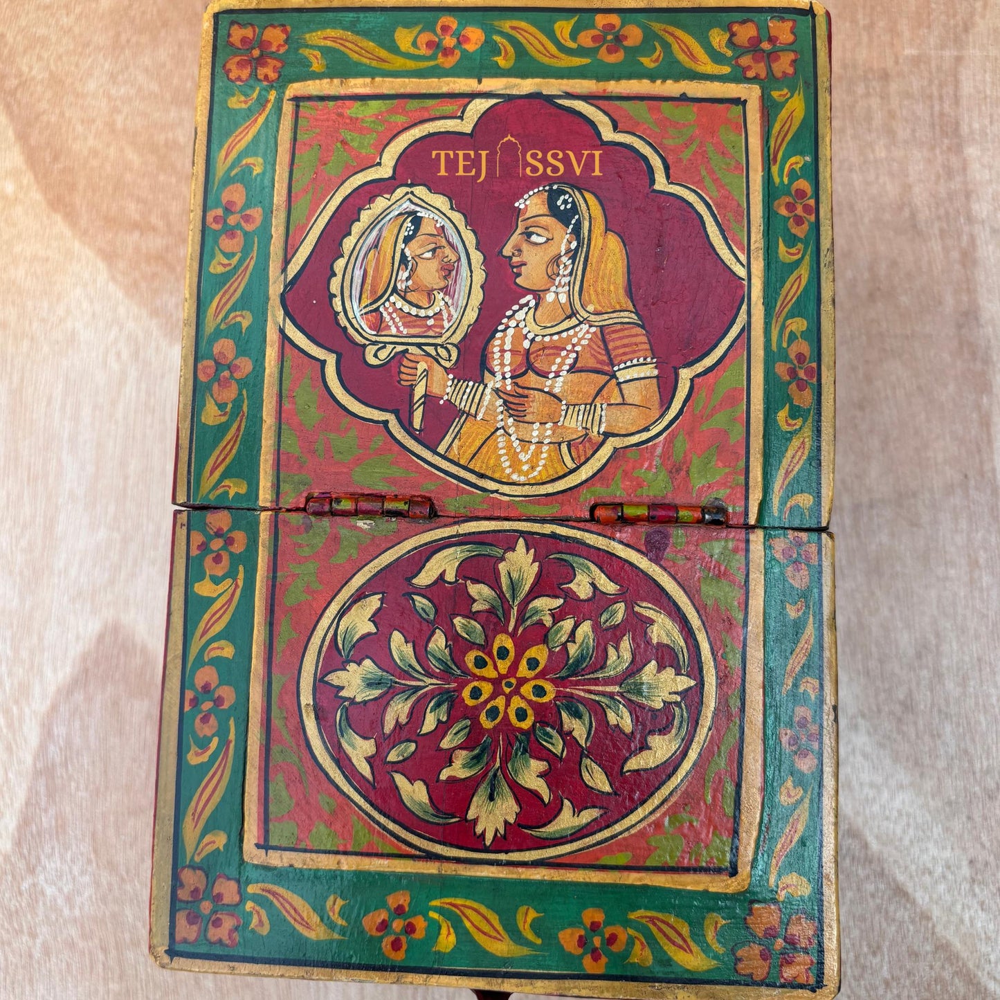 Antique Indian Shaving Box with Mirror: Reclaimed Wood & Brass / wooden hand painted saving box/ wooden box/ painting box with mirror .