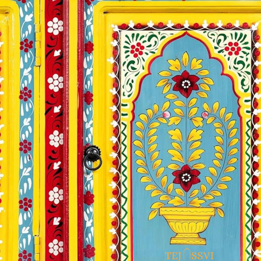 Wooden Indian Floral designed Side Storage / Cabinet | Bedside, Side Table, Hand Painted, Wooden Big Cabinet, Living Room Furniture, Fine Panting.