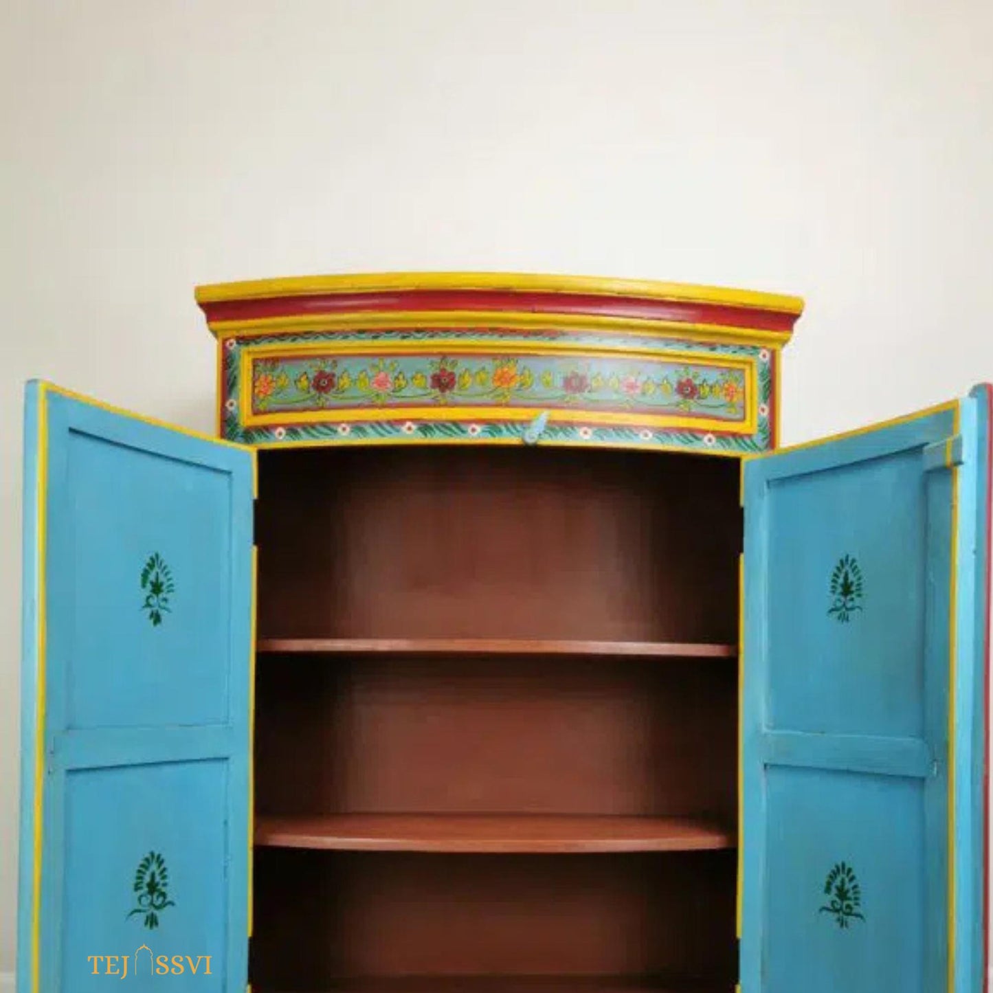 Aqua & Red Painted Bow Fronted Cupboard / Side Storage / Cabinet | Bedside, Side Table, Hand Painted, Wooden Big Cabinet/ Vintage Cabinet..