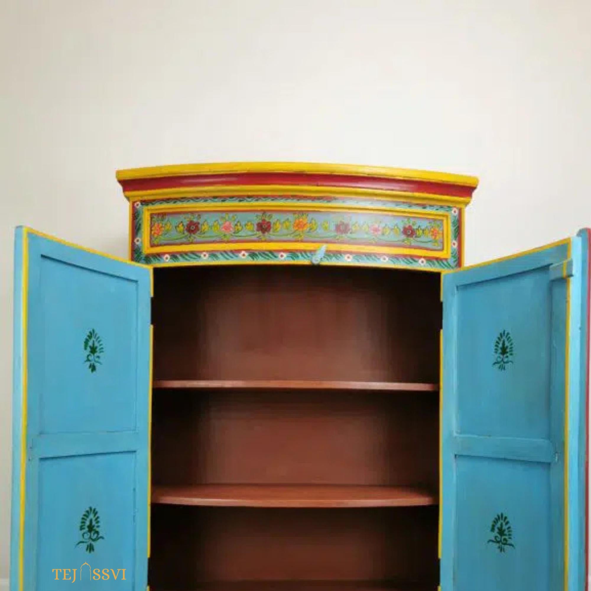 Aqua & Red Painted Bow Fronted Cupboard / Side Storage / Cabinet | Bedside, Side Table, Hand Painted, Wooden Big Cabinet/ Vintage Cabinet..