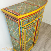 Aqua & Red Painted Bow Fronted Cupboard / Side Storage / Cabinet | Bedside, Side Table, Hand Painted, Wooden Big Cabinet/ Vintage Cabinet..