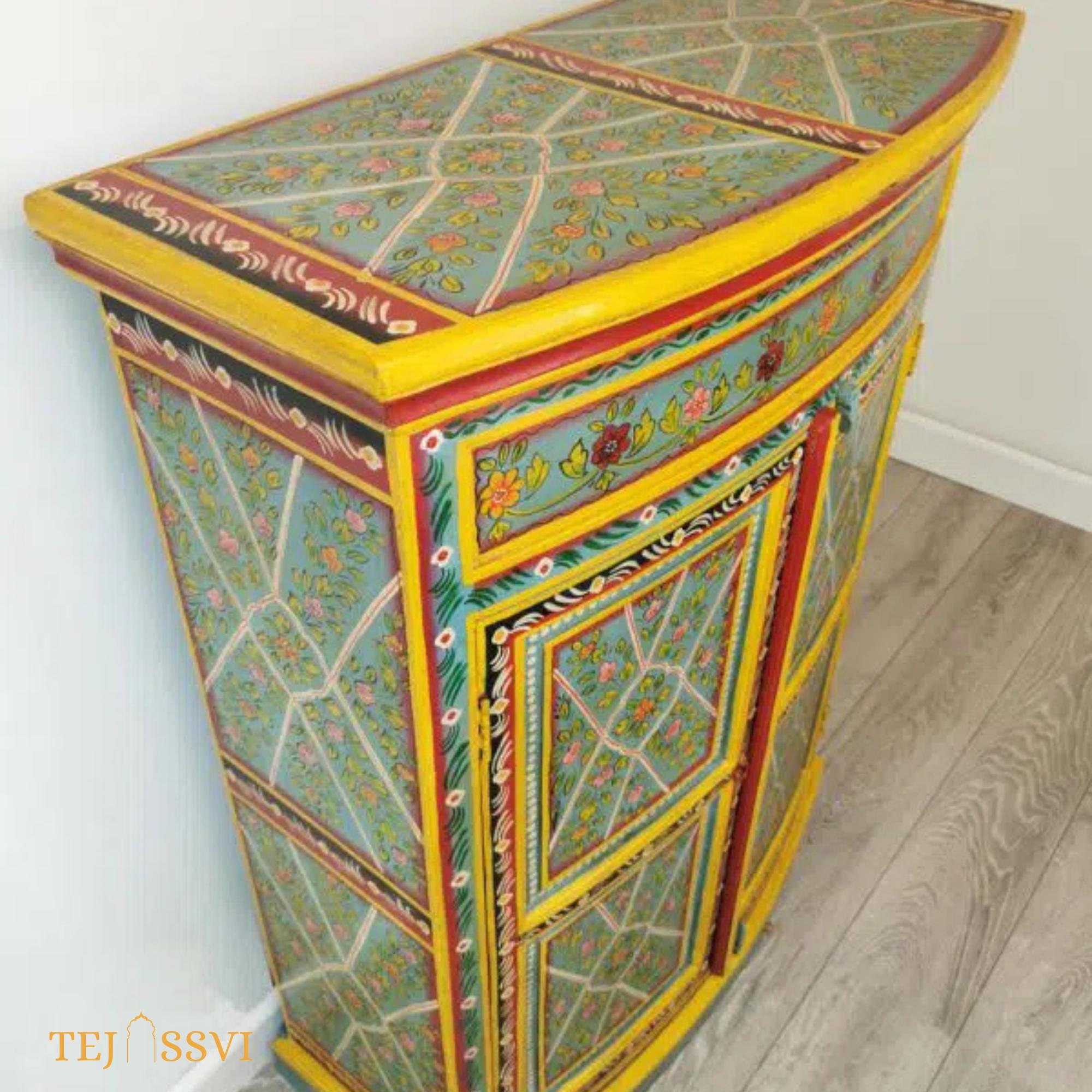 Aqua & Red Painted Bow Fronted Cupboard / Side Storage / Cabinet | Bedside, Side Table, Hand Painted, Wooden Big Cabinet/ Vintage Cabinet..