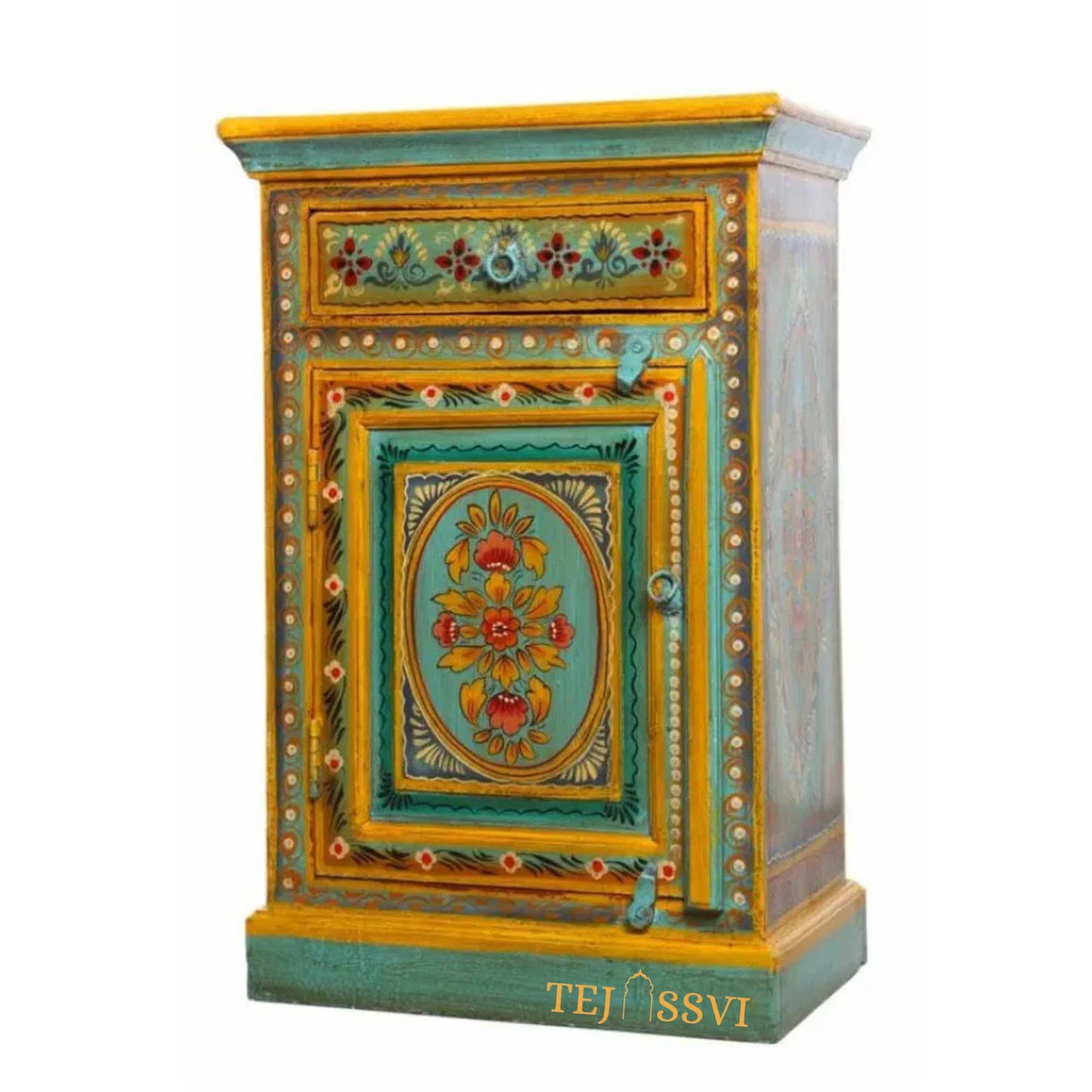 Indian Floral designed Side Storage / Cabinet | Bedside, Side Table, Hand Painted, Wooden Big Cabinet, Living Room Furniture, Fine Panting,