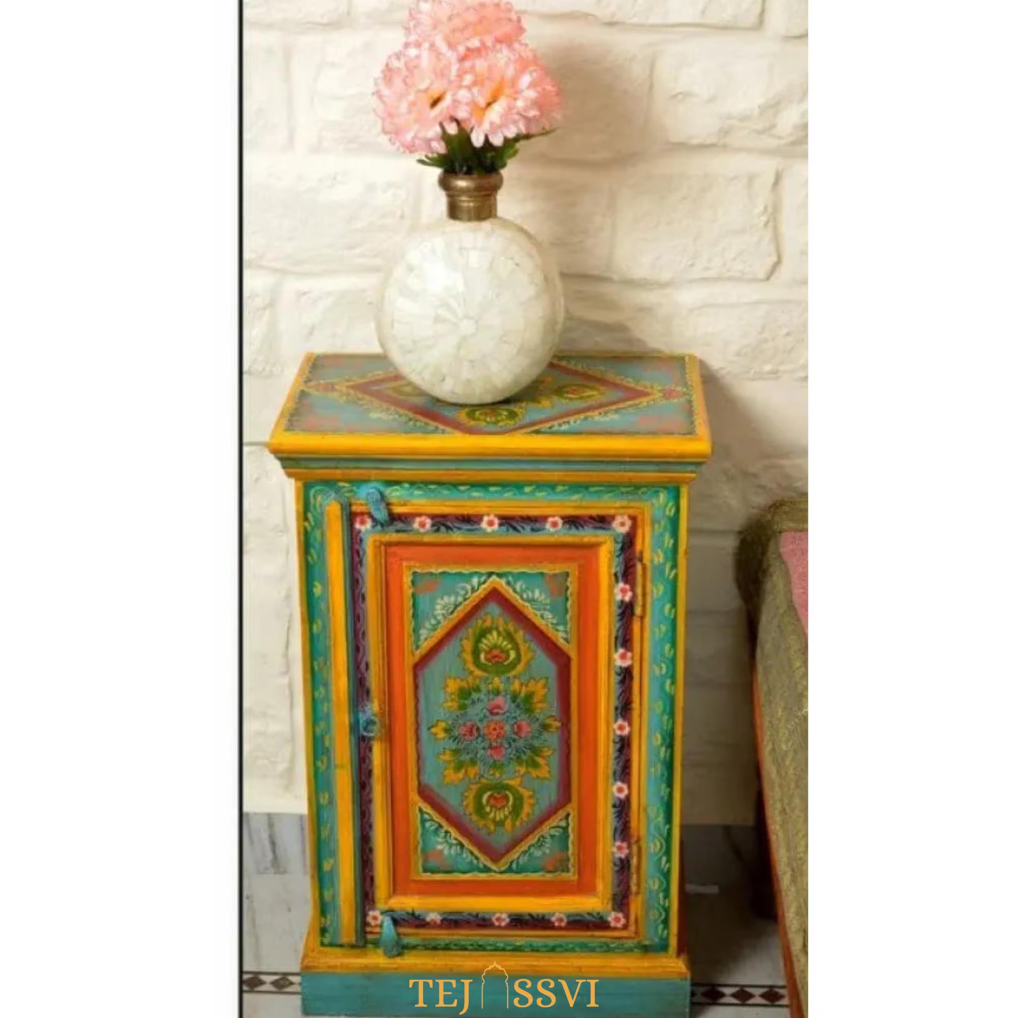 Indian Floral Designed Side Storage / Wooden Cabinet / Hand Painted Furniture / Wooden Big Cabinet for Living Room Furniture.