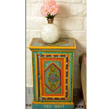 Indian Floral designed Side Storage / Cabinet | Bedside, Side Table, Hand Painted, Wooden Big Cabinet, Living Room Furniture, Fine Panting,