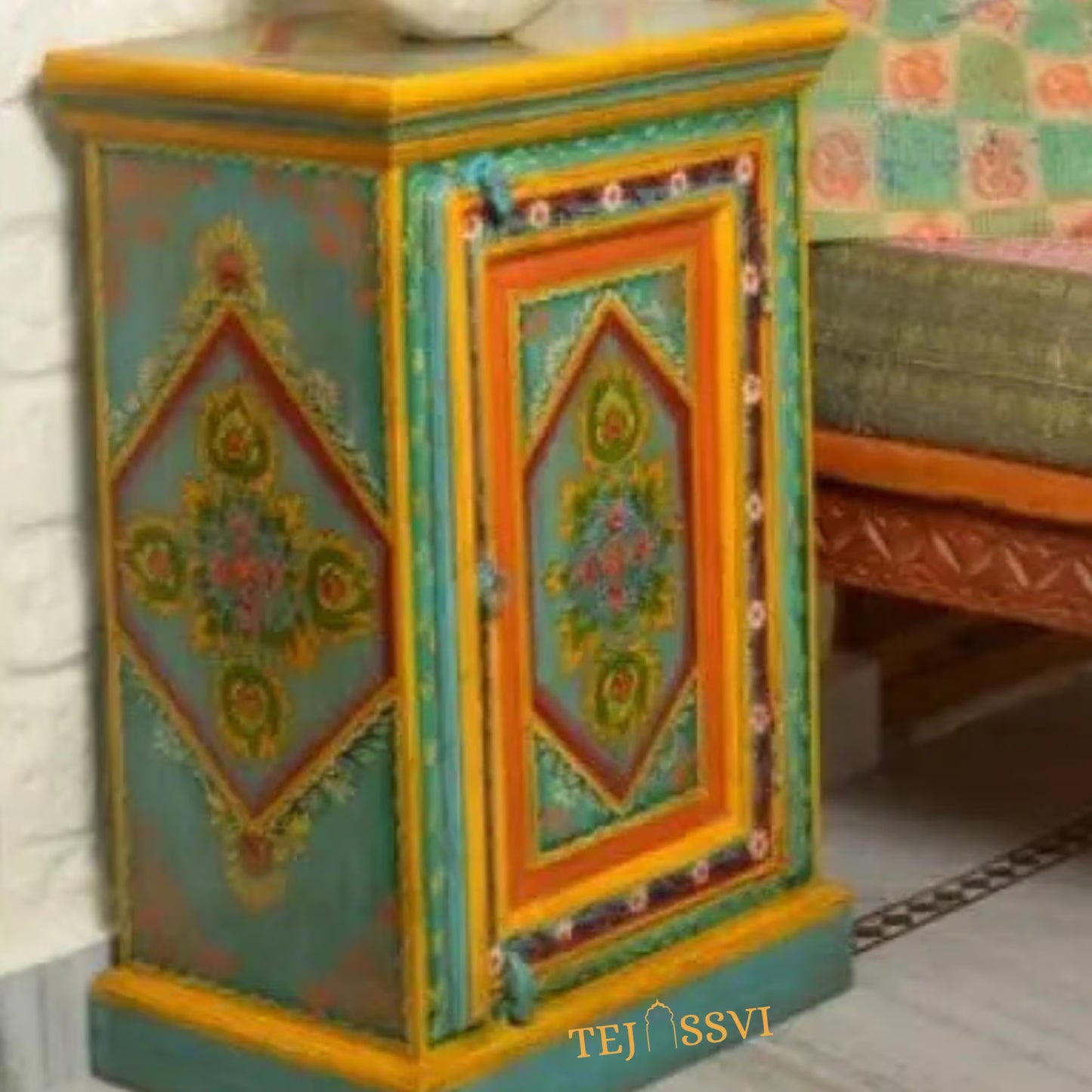 Indian Floral designed Side Storage / Cabinet | Bedside, Side Table, Hand Painted, Wooden Big Cabinet, Living Room Furniture, Fine Panting,
