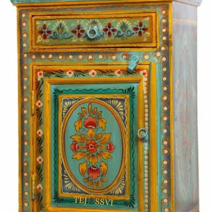 Indian Floral designed Side Storage / Cabinet | Bedside, Side Table, Hand Painted, Wooden Big Cabinet, Living Room Furniture, Fine Panting,