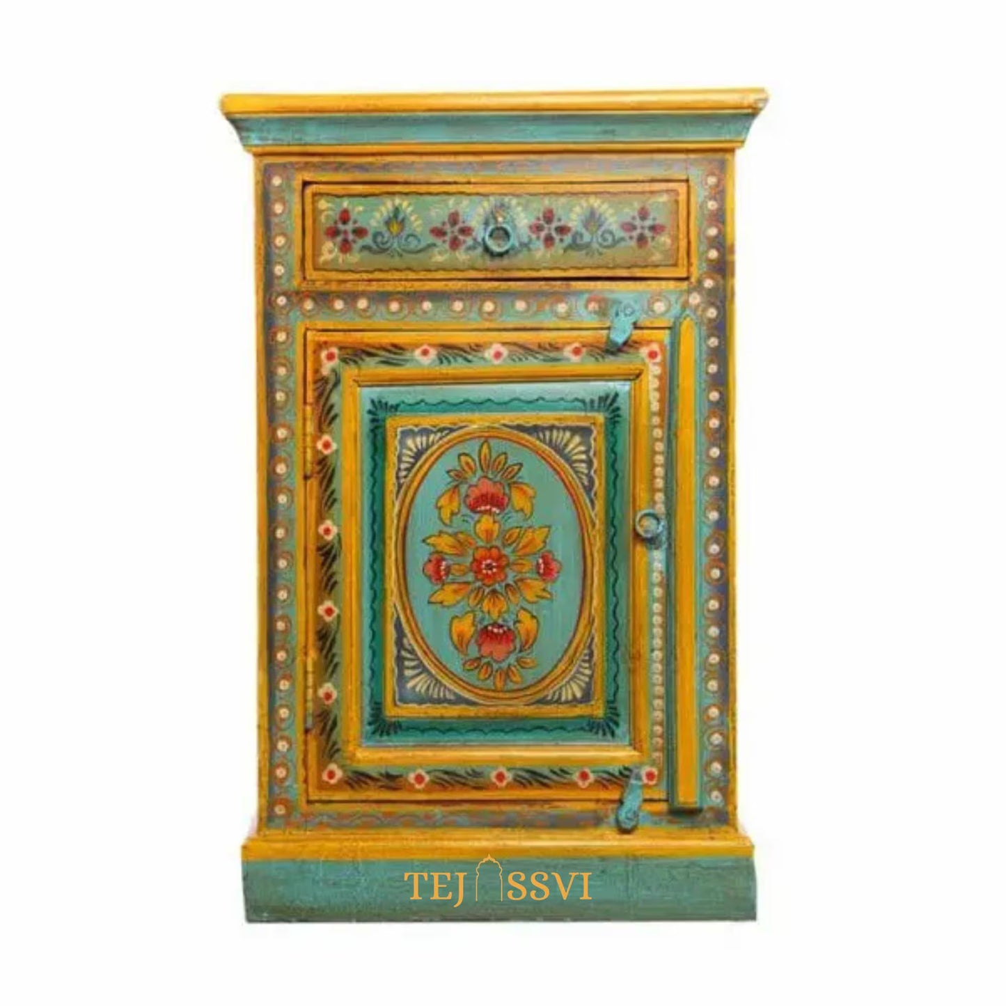 Indian Floral designed Side Storage / Cabinet | Bedside, Side Table, Hand Painted, Wooden Big Cabinet, Living Room Furniture, Fine Panting,