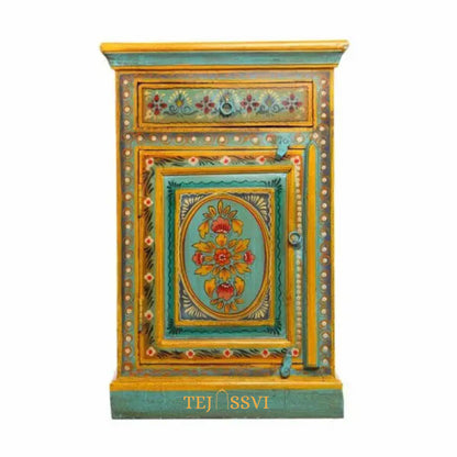 Indian Floral designed Side Storage / Cabinet | Bedside, Side Table, Hand Painted, Wooden Big Cabinet, Living Room Furniture, Fine Panting,