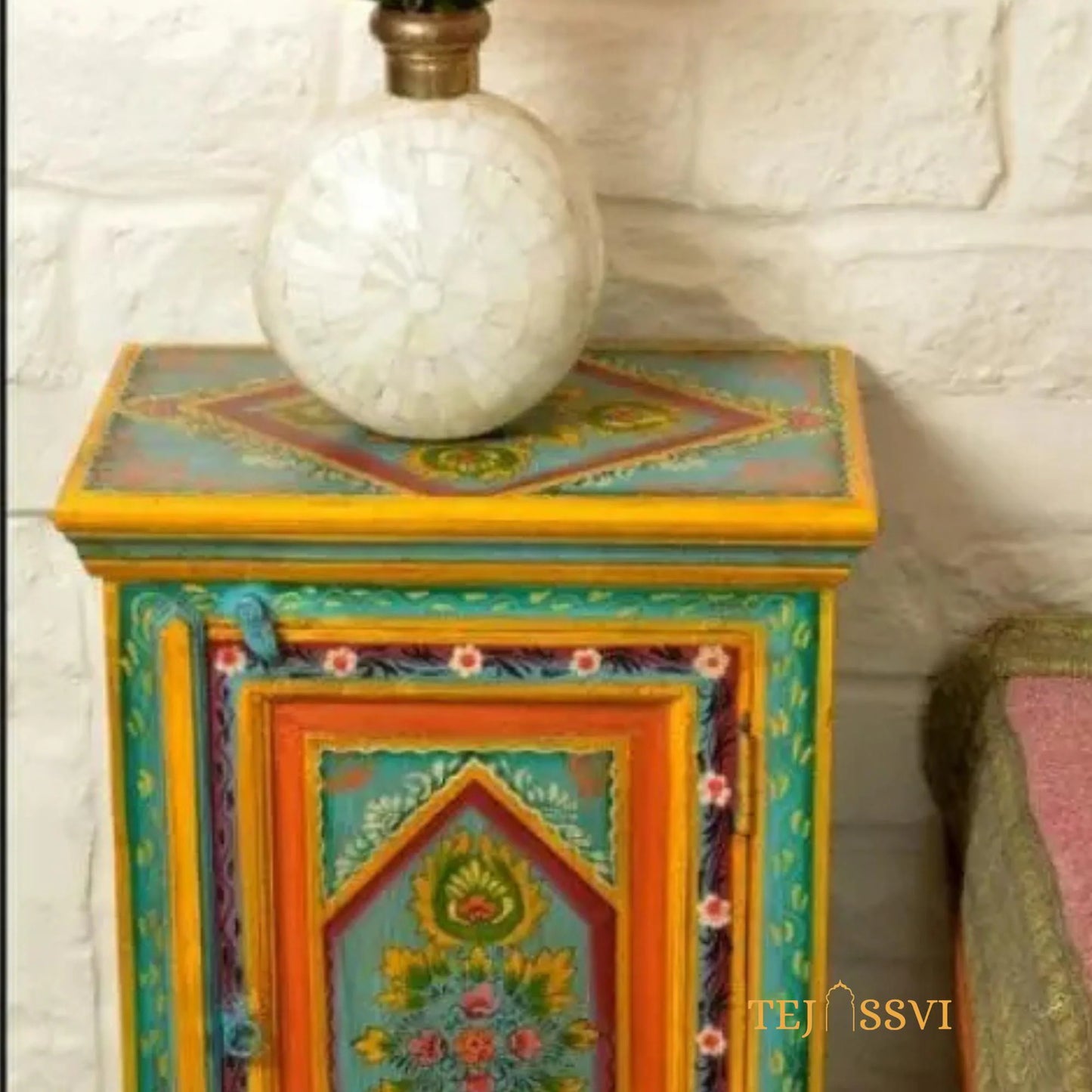 Indian Floral designed Side Storage / Cabinet | Bedside, Side Table, Hand Painted, Wooden Big Cabinet, Living Room Furniture, Fine Panting,