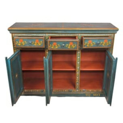 Blue Ghora Painted 3 Door Sideboard / Side Storage / Cabinet | Bedside, Side Table, Hand Painted, Wooden Big Cabinet/ Vintage Cabinet.