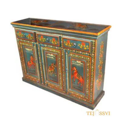 Blue Ghora Painted 3 Door Sideboard / Side Storage / Cabinet | Bedside, Side Table, Hand Painted, Wooden Big Cabinet/ Vintage Cabinet.