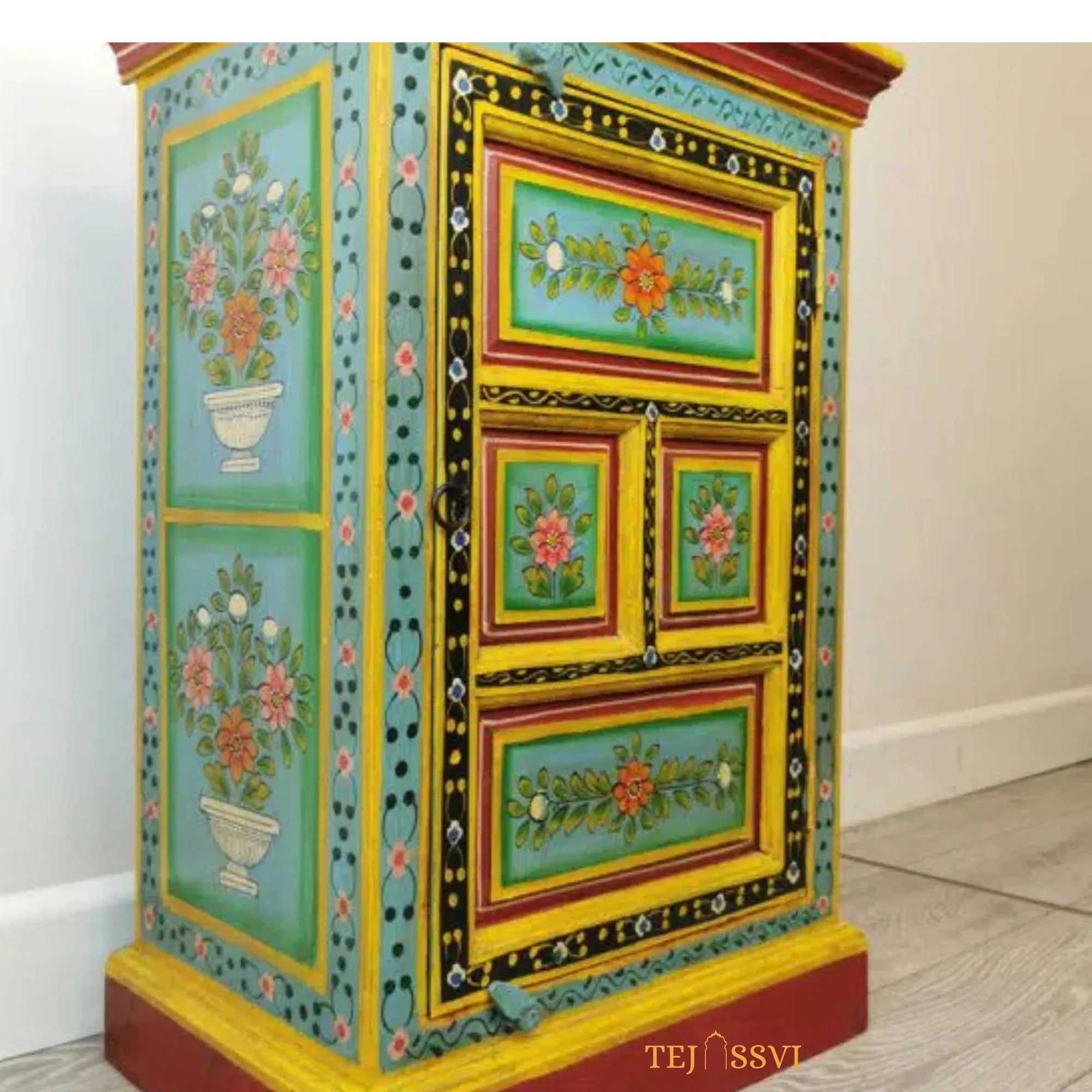 Hand Painted Vase Small Cupboard / Side Storage / Big Cabinet / Hand Painted Furniture / Wooden Big Cabinet / Vintage Cabinet.