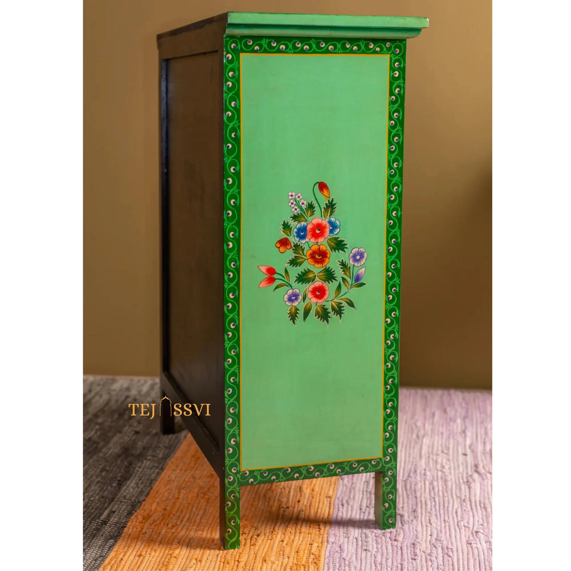 Green Floral Hand Painted Cupboard / Wooden Cabinet / Hand Painted Wooden Big Cabinet Living Room Furniture.