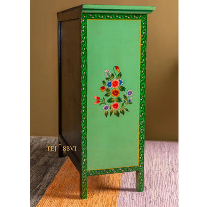 Green Floral Hand Painted Cupboard/ Cabinet | Bedside, Side Table, Hand Painted, Wooden Big Cabinet, Living Room Furniture, Fine Panting.
