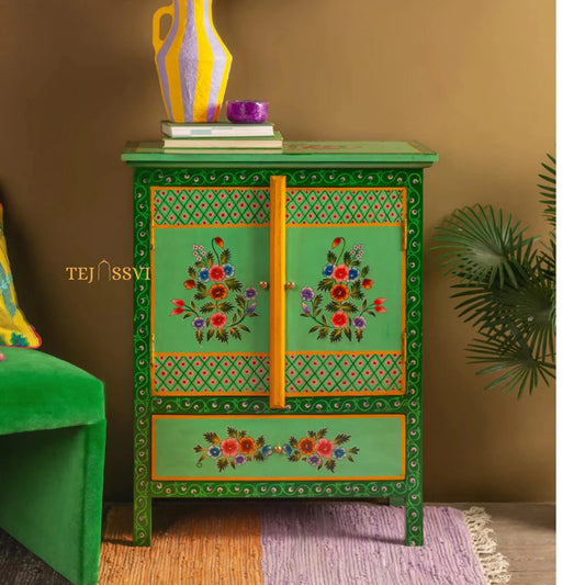 Green Floral Hand Painted Cupboard/ Cabinet | Bedside, Side Table, Hand Painted, Wooden Big Cabinet, Living Room Furniture, Fine Panting.