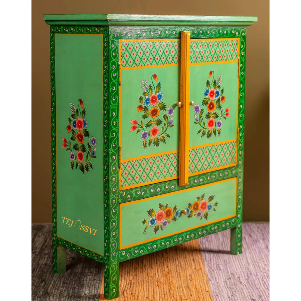 Green Floral Hand Painted Cupboard / Wooden Cabinet / Hand Painted Wooden Big Cabinet Living Room Furniture.