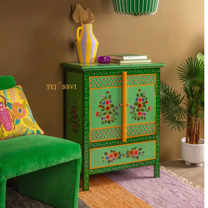 Green Floral Hand Painted Cupboard/ Cabinet | Bedside, Side Table, Hand Painted, Wooden Big Cabinet, Living Room Furniture, Fine Panting.