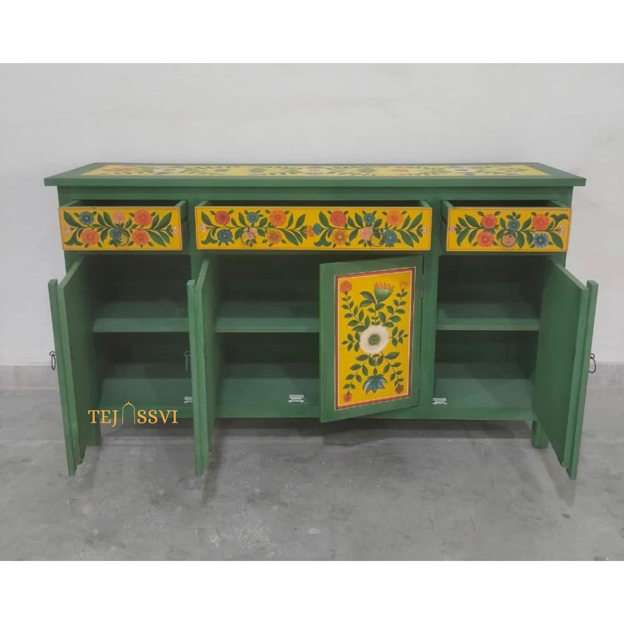 Green and Yellow Pankhuri Sideboard  / Side Storage / Wooden Cabinet | Hand Painted Furniture / Wooden Big Cabinet / Vintage Cabinet.