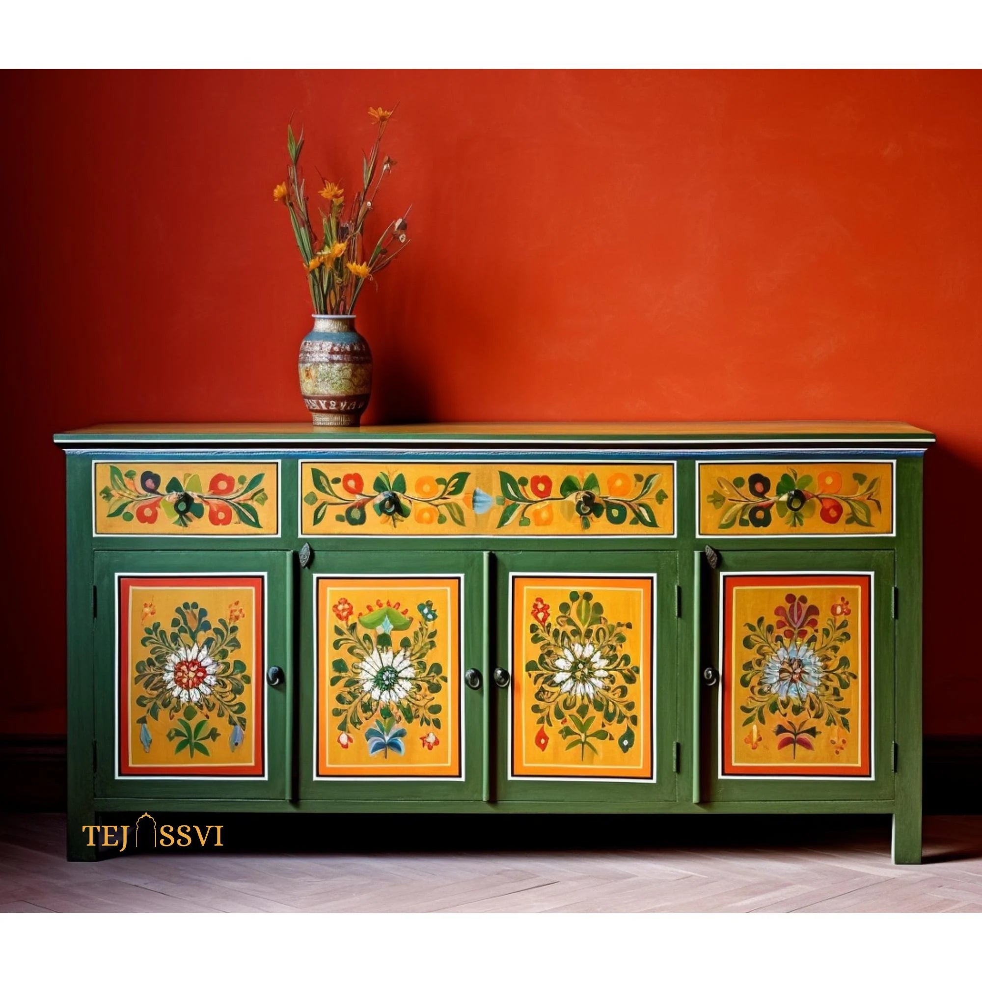 Green and Yellow Pankhuri Sideboard  / Side Storage / Wooden Cabinet | Hand Painted Furniture / Wooden Big Cabinet / Vintage Cabinet.