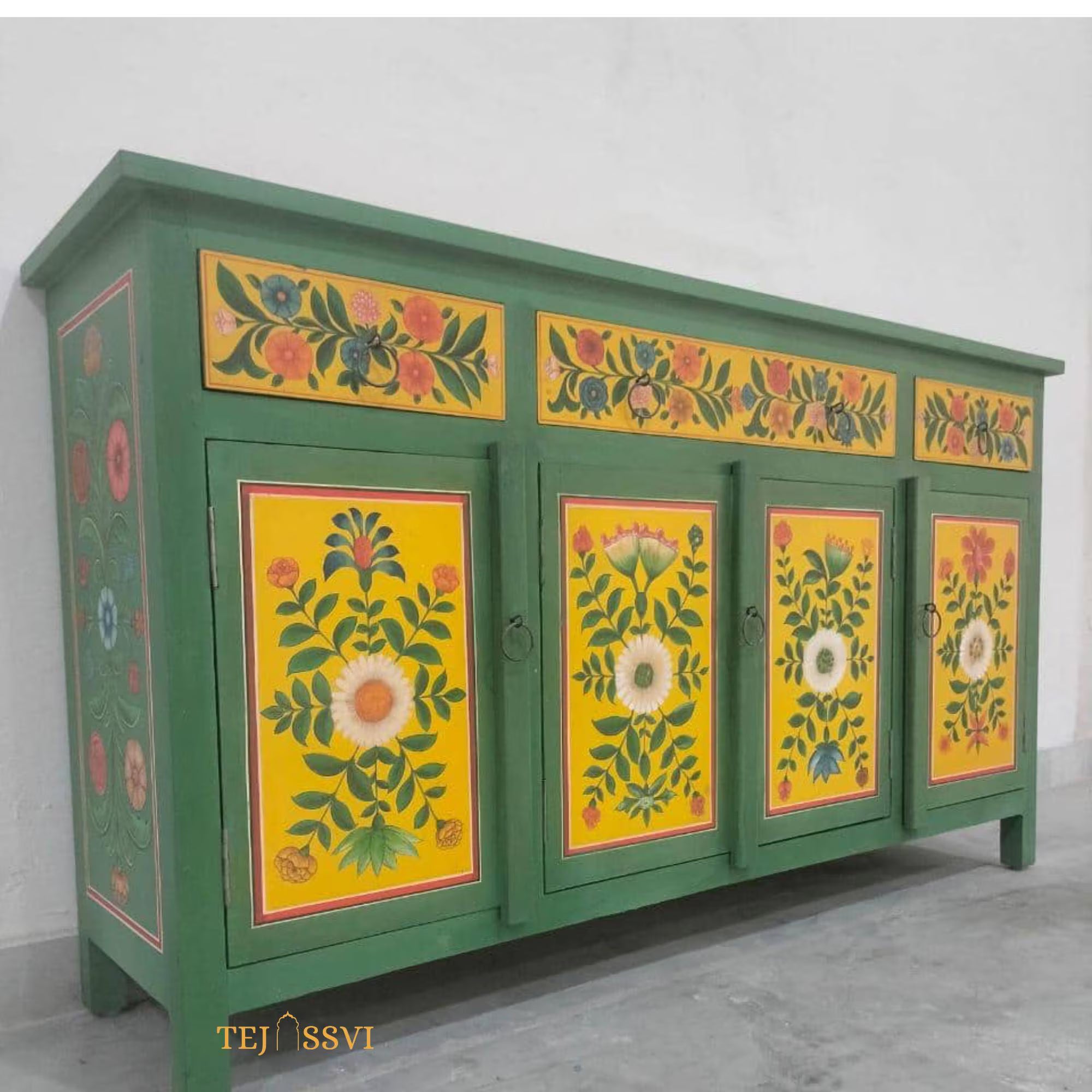 Green And Yellow Floral Hand Painted Sideboard for Storage Unit