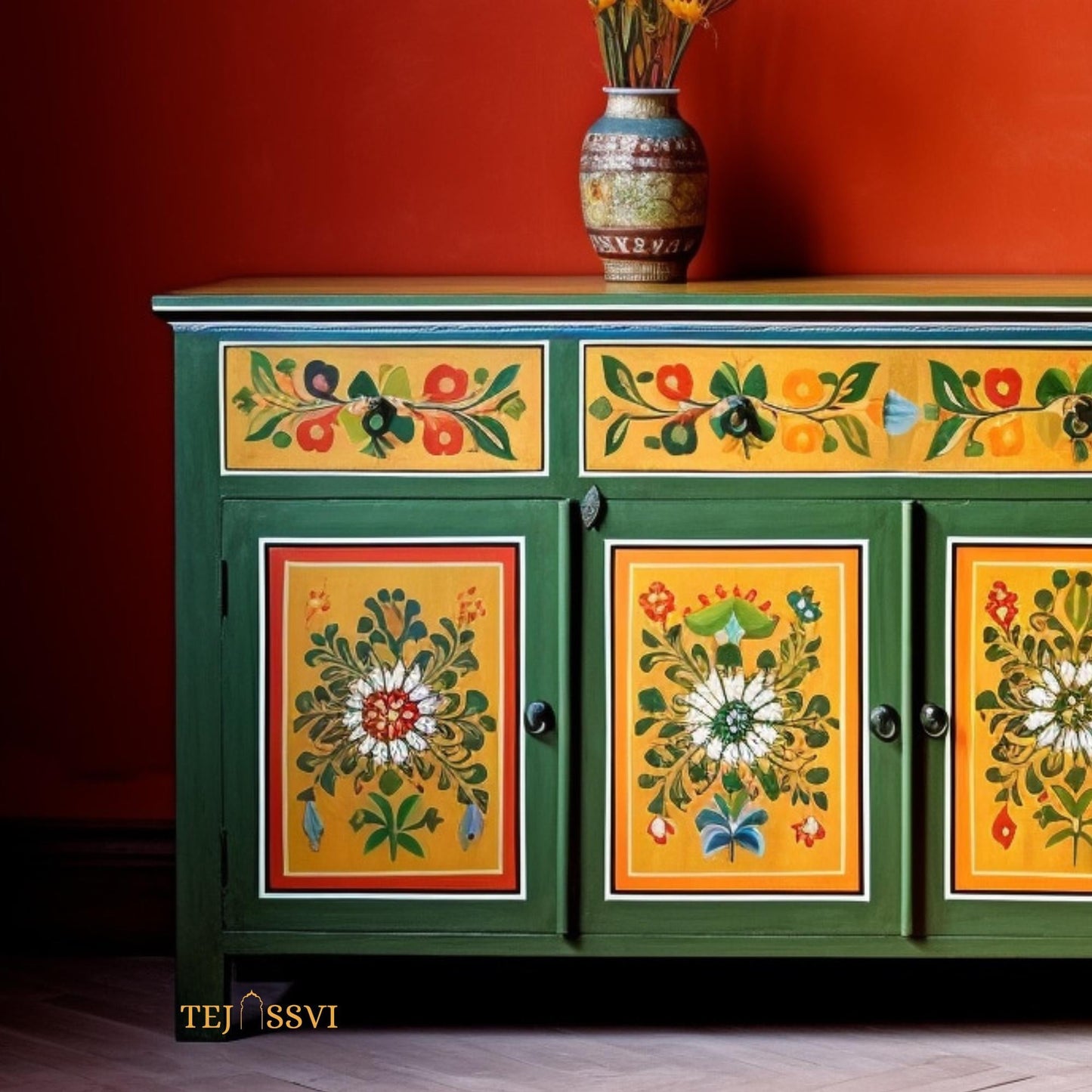 Green And Yellow Floral Hand Painted Sideboard for Storage Unit