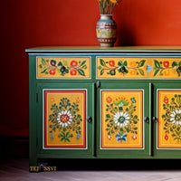 Green And Yellow Floral Hand Painted Sideboard for Storage Unit