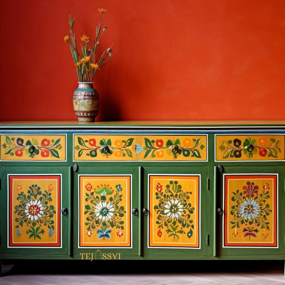 Green And Yellow Floral Hand Painted Sideboard for Storage Unit