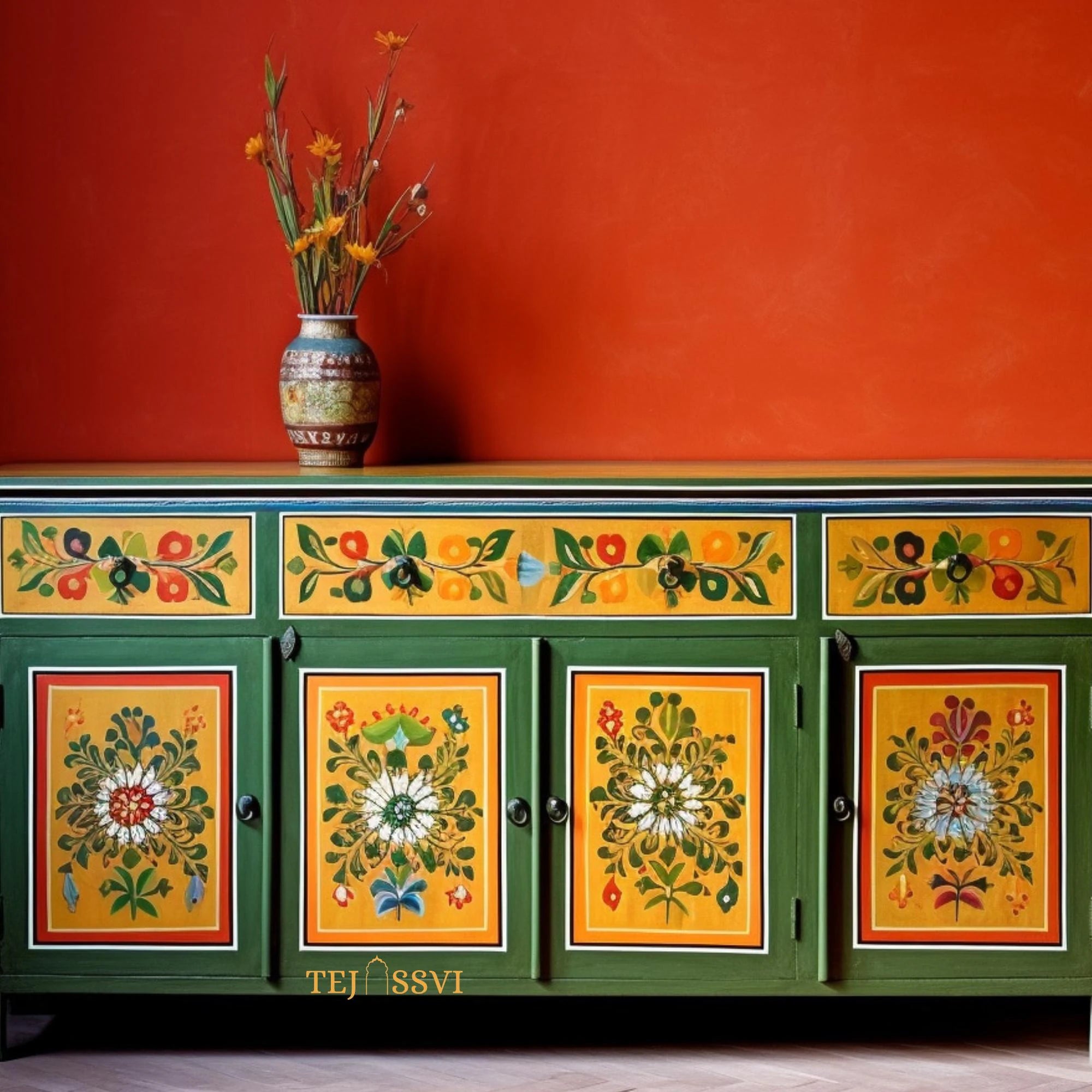 Green And Yellow Floral Hand Painted Sideboard for Storage Unit
