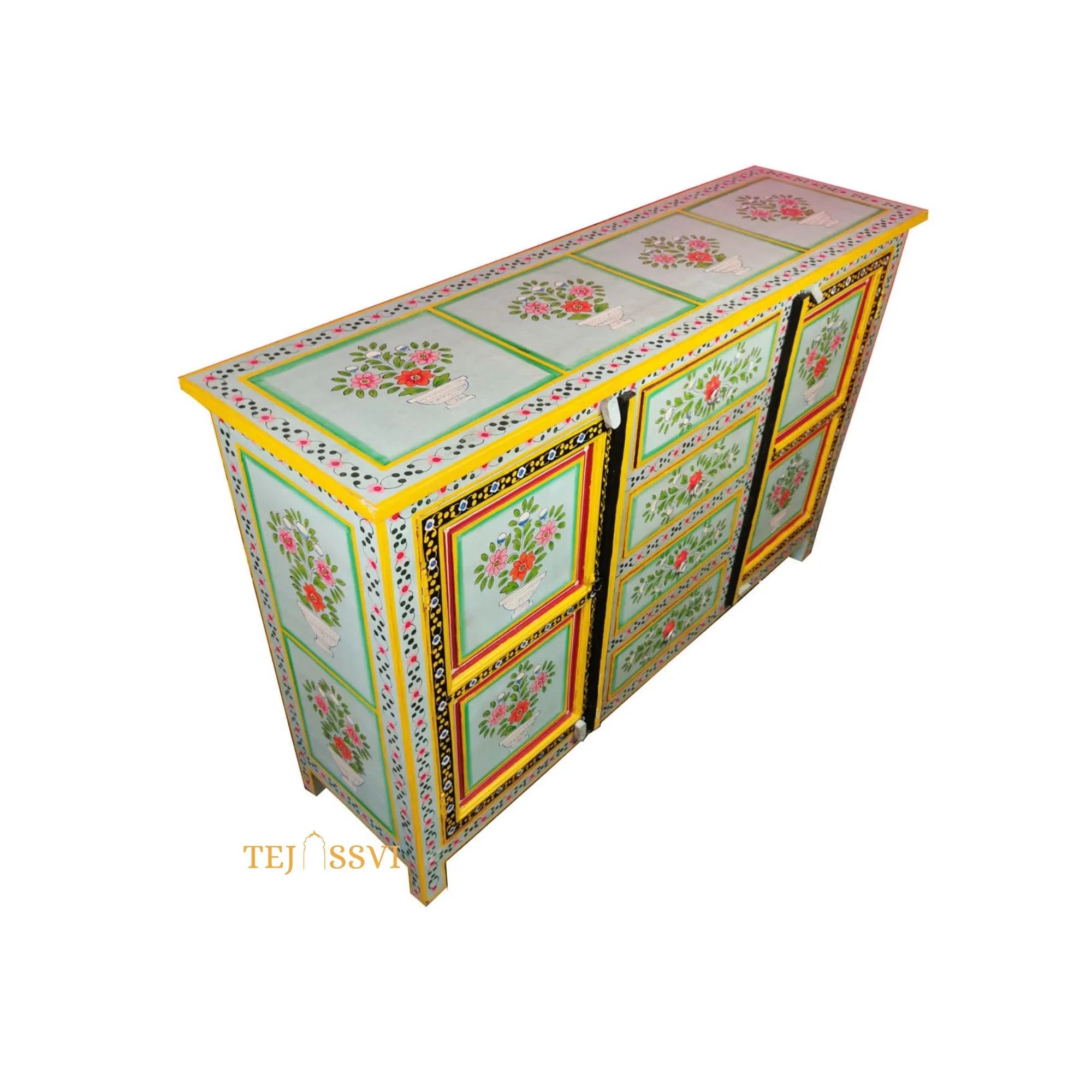 Wooden Floral Designed Side Storage / Wooden Cabinet / Hand Painted Wooden Big Cabinet for Living Room Furniture.