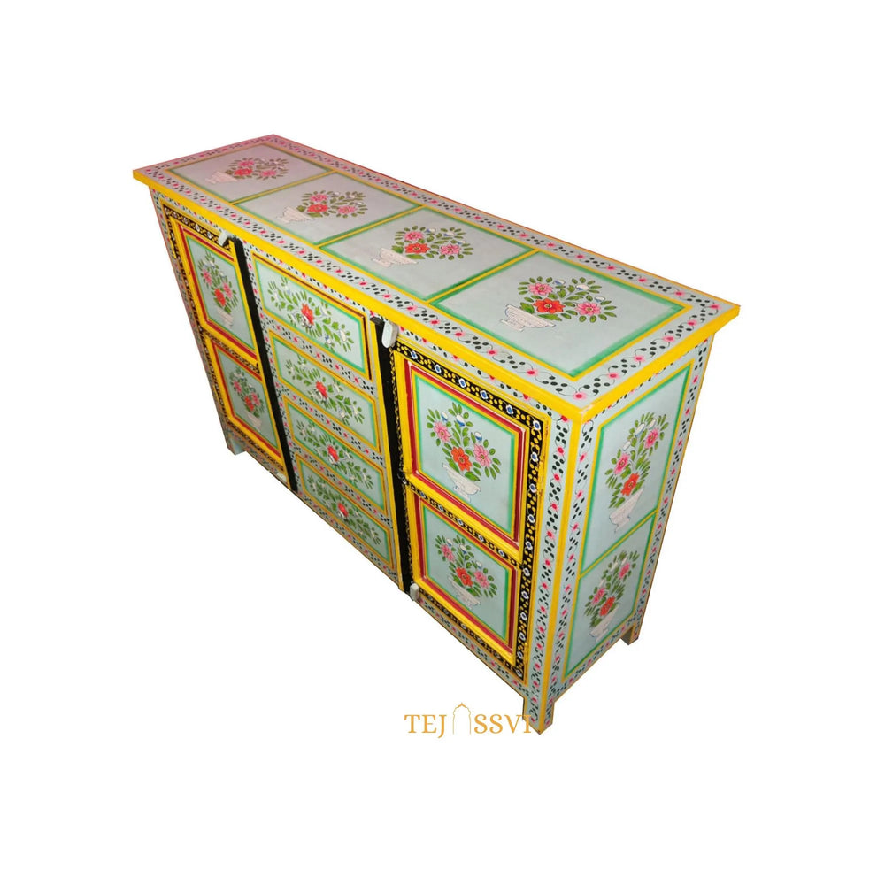 Wooden Floral Designed Side Storage / Wooden Cabinet / Hand Painted Wooden Big Cabinet for Living Room Furniture.