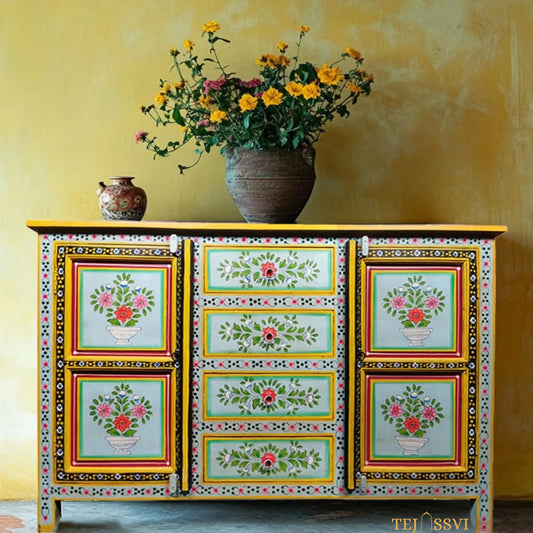 Wooden Floral designed Side Storage / Cabinet | Bedside, Side Table, Hand Painted, Wooden Big Cabinet, Living Room Furniture, Fine Panting. (Copy)