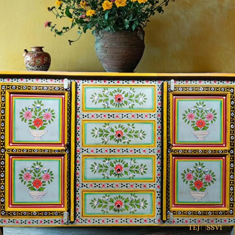 Wooden Floral Designed Side Storage / Wooden Cabinet / Hand Painted Wooden Big Cabinet for Living Room Furniture.