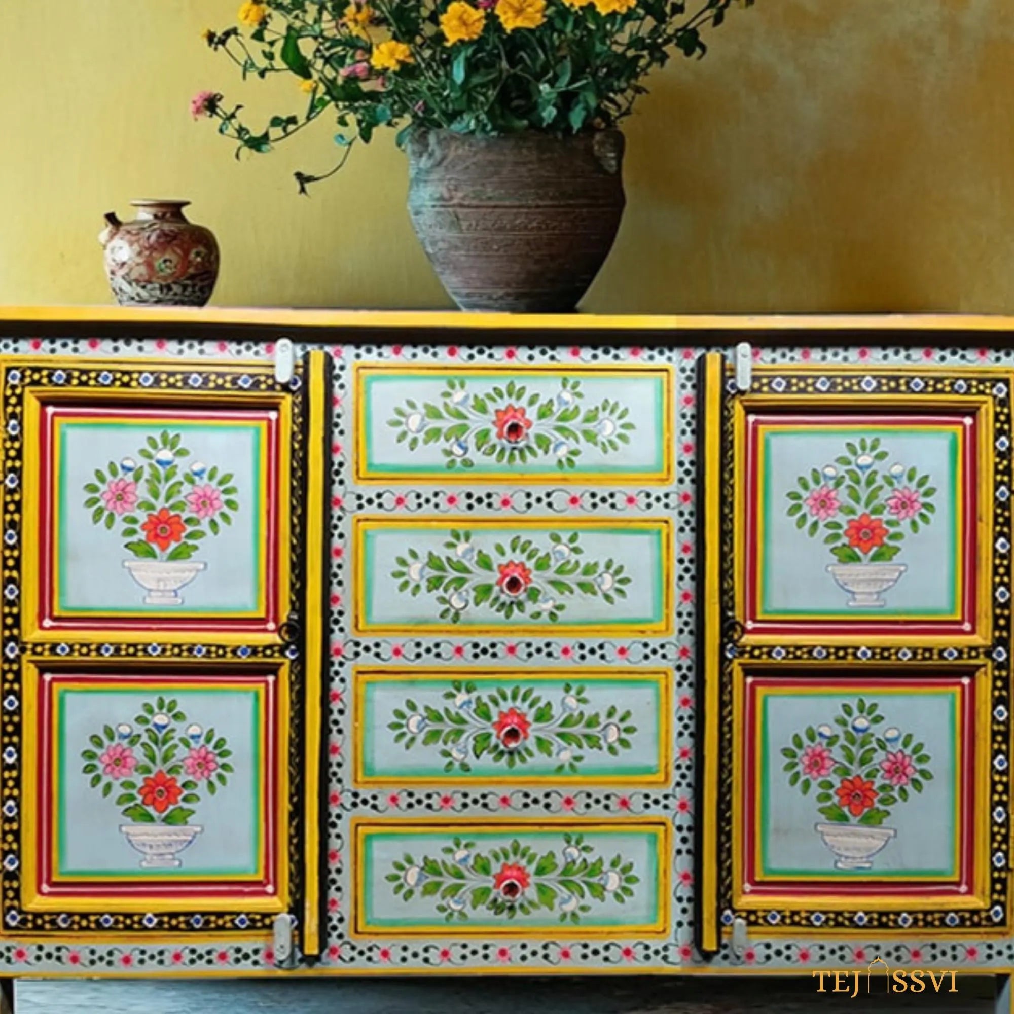 Wooden Floral Designed Side Storage / Wooden Cabinet / Hand Painted Wooden Big Cabinet for Living Room Furniture.