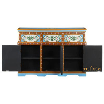 Blue and Pink Painted 3 Door Sideboard / Cabinet | Bedside, Side Table, Hand Painted, Wooden Big Cabinet, Living Room Furniture/Fine Panting