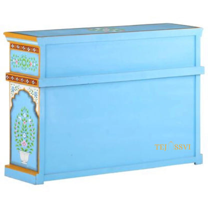 Blue and Pink Painted 3 Door Sideboard / Cabinet | Bedside, Side Table, Hand Painted, Wooden Big Cabinet, Living Room Furniture/Fine Panting